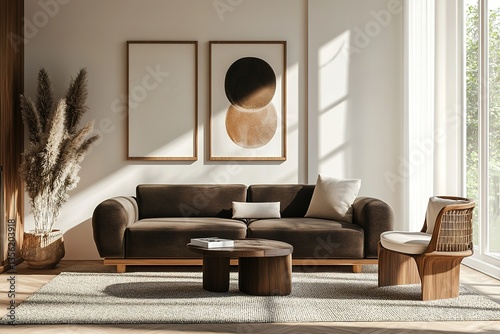 Three frames mockup with dark sofa in a modern living room interior, 3d render