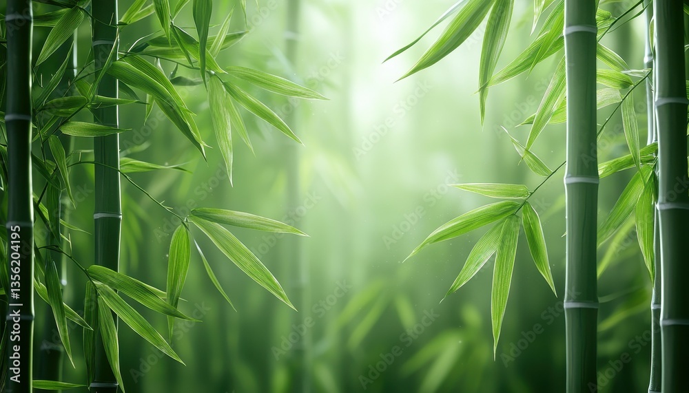 Lush green bamboo leaves in a serene forest setting. Lush green bamboo leaves in a serene forest setting.