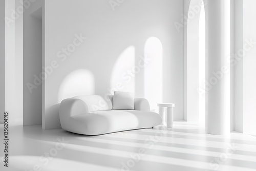 View of white living room in minimal style with sofa and small side table on laminate floor.Perspective of interior design. 3d rendering.