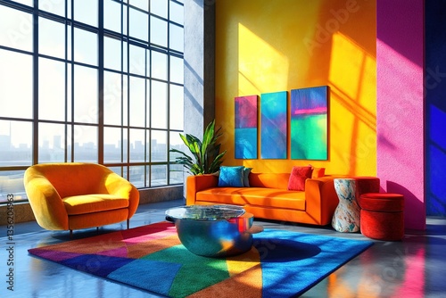 Stylized as an oil painting a modern interior room has colorful walls large windows and stylish furniture with a bright and stylish design