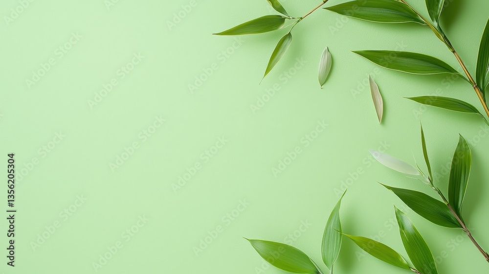 Fototapeta premium Green leaves arranged artistically on a light green background.