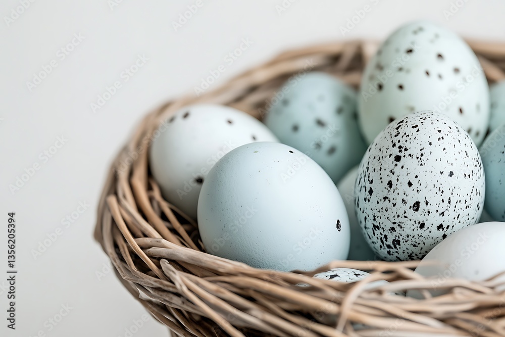 Bird Eggs in Nest Close Up, Light Blue Eggs with Dark Specks, Pastel Color Palette Bird Eggs in Nest Close Up, Light Blue Eggs with Dark Specks, Pastel Color Palette