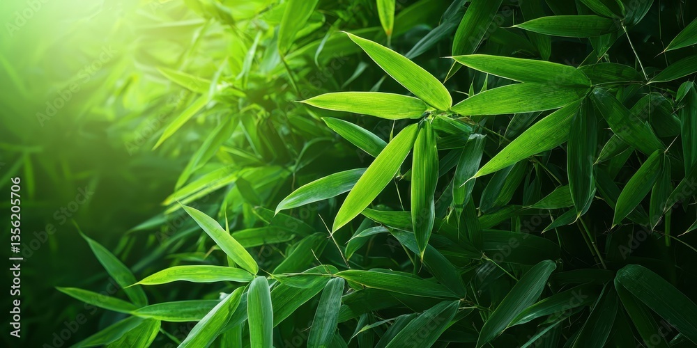 Lush green bamboo leaves basking in soft sunlight, creating a serene atmosphere. Lush green bamboo leaves basking in soft sunlight, creating a serene atmosphere.