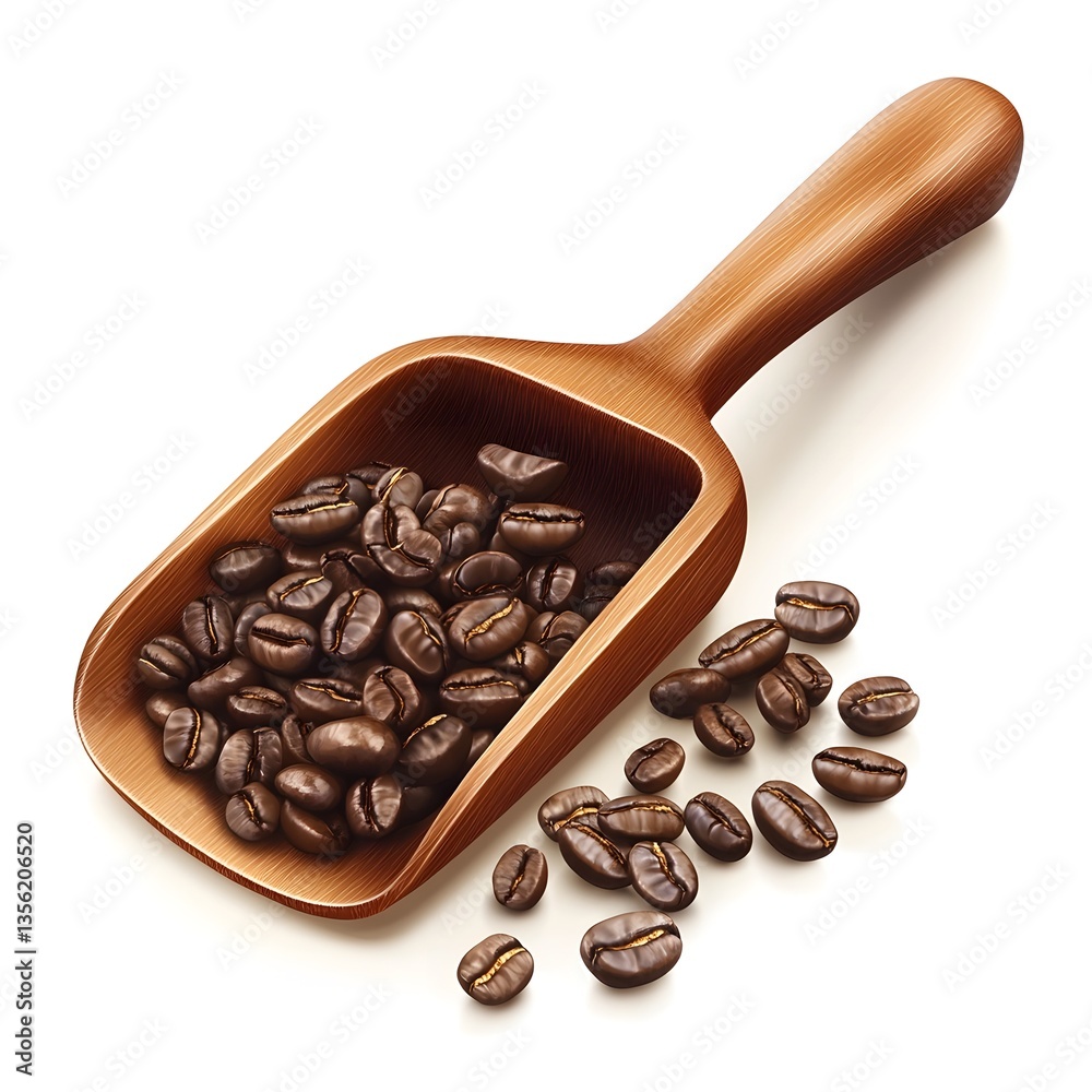 Obraz premium A wooden scoop filled with roasted coffee beans long title A wooden scoop or spoon filled with a heap of freshly roasted dark brown coffee beans