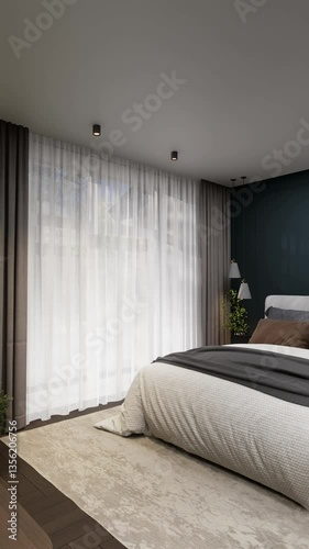 Stylish minimalist bedroom interior with moody lighting, warm textiles, and a contemporary aesthetic. Ideal for interior design inspiration.