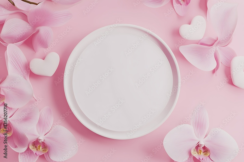 Pastel Pink Backdrop with White Plate, Heart Shapes, and Orchid Flowers Elegant Setup Pastel Pink Backdrop with White Plate, Heart Shapes, and Orchid Flowers Elegant Setup