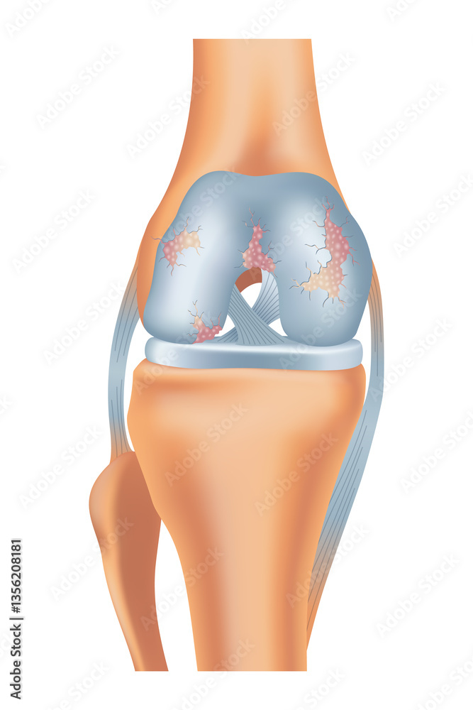 Knee arthrosis. Unhealthy knee structure. Bone exposure, damaged knee structure comparison. Medical poster with foot bones. Isolated illustration