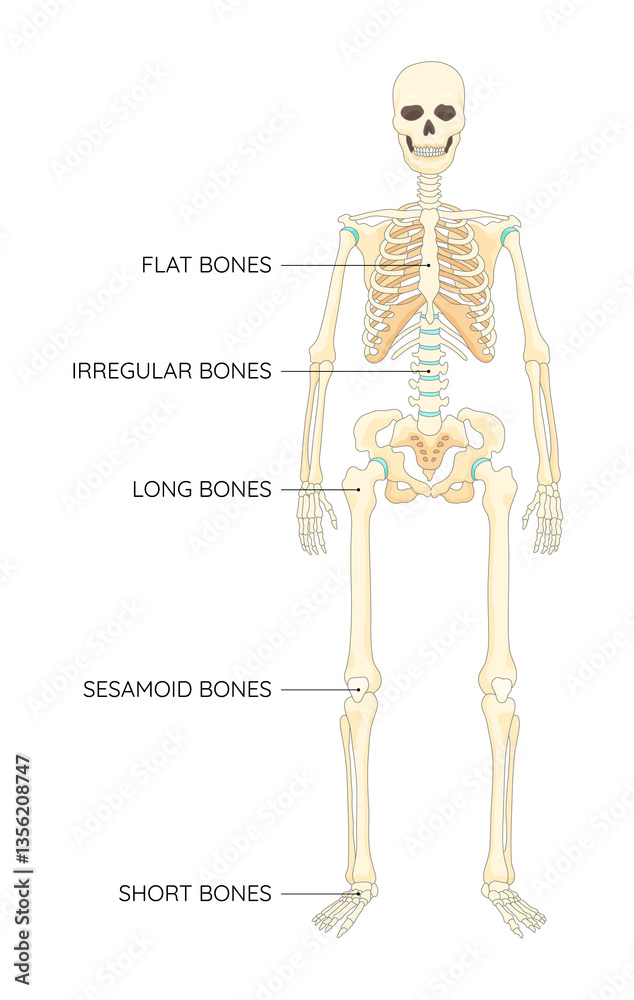 Bones types skeleton. Educational anatomical diagram. Bones location and titles example. Labeled educational scheme, anatomy outline diagram. Educational medical illustration