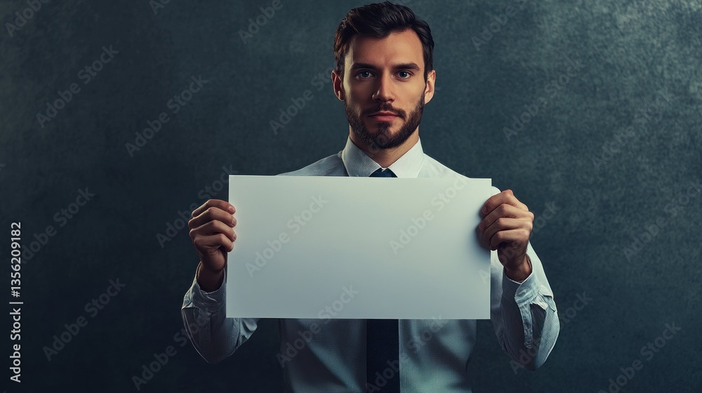Businessman Holding Blank Sign Against Dark Background (2) Businessman Holding Blank Sign Against Dark Background (2)