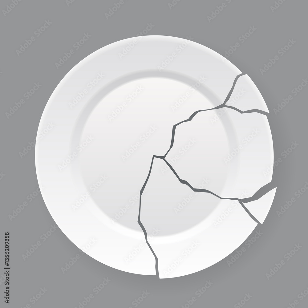 Broken white plate. Shattered food plate, cracked porcelain dish. Dishware with damage. Icon isolated on white background. illustration