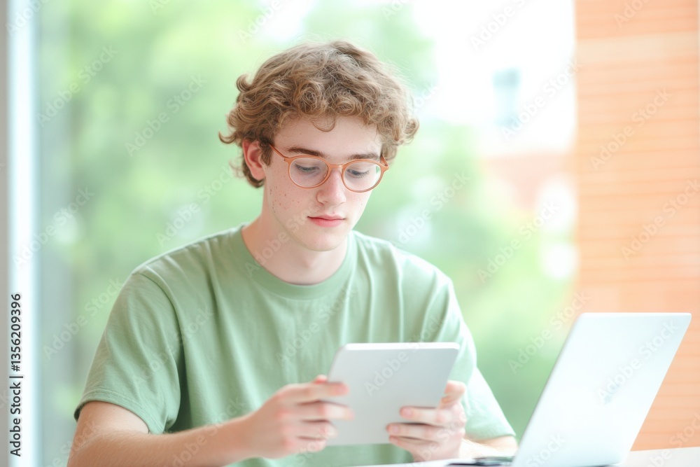 Man using tablet and laptop indoors Man using tablet and laptop indoors