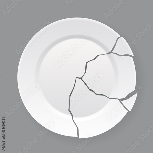 Obraz na płótnie Broken white plate. Shattered food plate, cracked porcelain dish. Dishware with damage. Icon isolated on white background. illustration w salonie