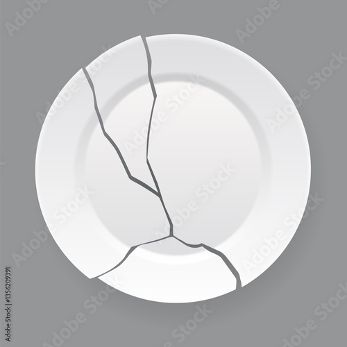 Obraz na płótnie Broken white plate. Shattered food plate, cracked porcelain dish. Dishware with damage. Icon isolated on white background. illustration w salonie