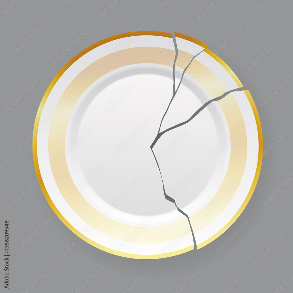 Broken white plate. Shattered food plate, cracked porcelain dish. Dishware with damage. Icon isolated on white background. illustration