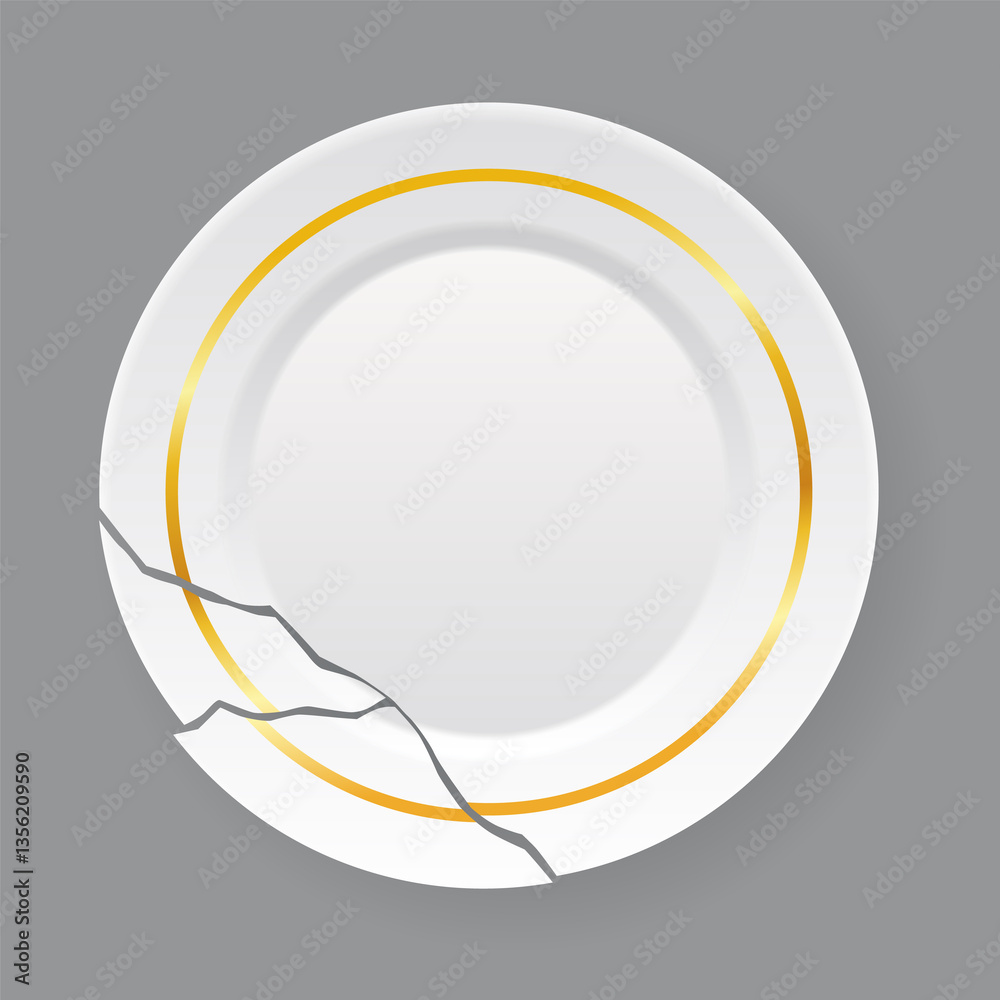Broken white plate. Shattered food plate, cracked porcelain dish. Dishware with damage. Icon isolated on white background. illustration