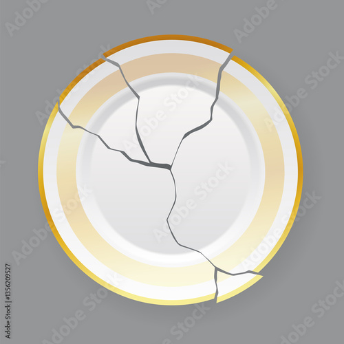 Broken white plate. Shattered food plate, cracked porcelain dish. Dishware with damage. Icon isolated on white background. illustration