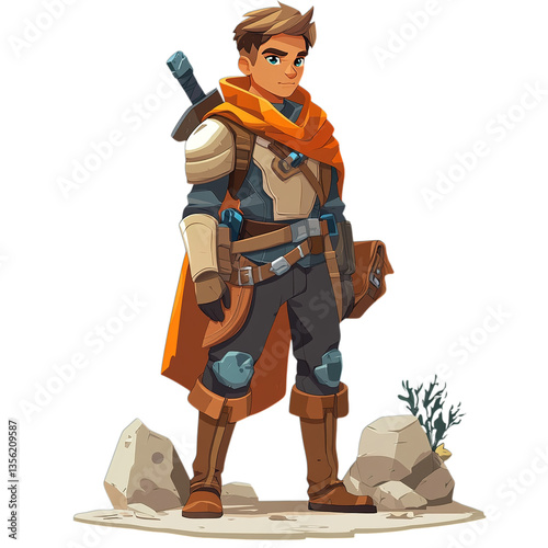 Illustration of a cartoon adventurer standing on a sandy surface with rocks