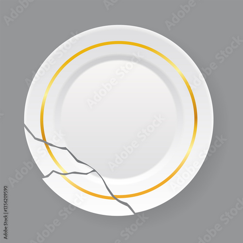 Obraz na płótnie Broken white plate. Shattered food plate, cracked porcelain dish. Dishware with damage. Icon isolated on white background. illustration w salonie