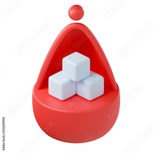 A Clinical chemistry 3d icon. Blood droplet holding three white sugar cubes, symbolizing blood sugar.
