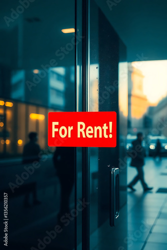 Glass Door Sign: 'For Rent' Red and Off White Notice for Available Space