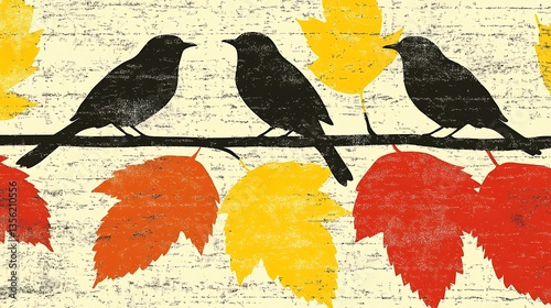 Three birds perched on a branch with autumn leaves.