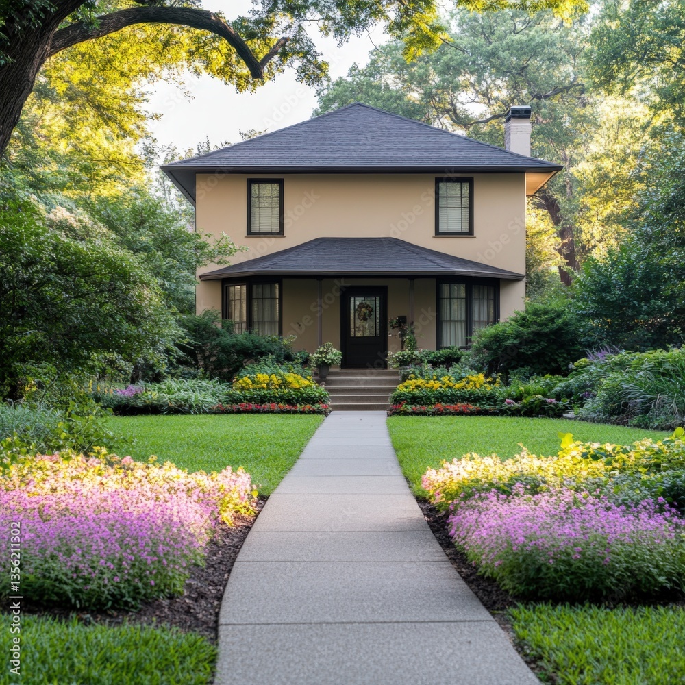 Naklejka premium House with flowers and sidewalk