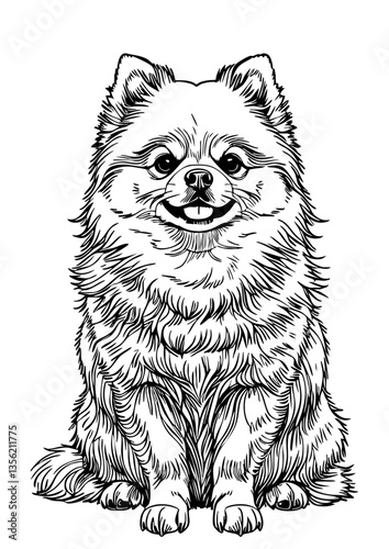 Smiling Fluffy Dog Illustration – Hand Drawn Black and White Pomeranian Puppy Line Art for Tattoo, Logo, Coloring Page, or Pet-Themed Design