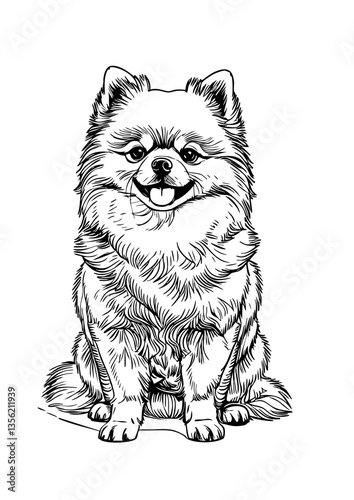 Smiling Fluffy Puppy Illustration – Hand Drawn Black and White Cartoon Pomeranian Style Dog Line Art for Coloring Page, Logo, or Pet Design