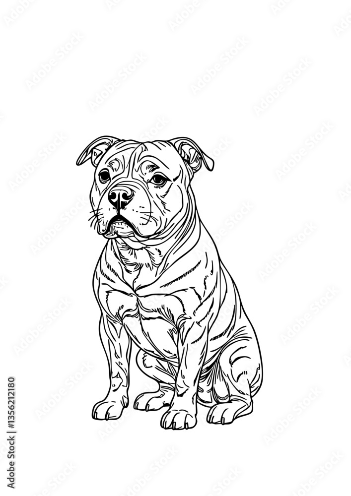 Fototapeta premium Bulldog Sitting Illustration – Hand Drawn Black and White Muscular Dog Line Art for Tattoo, Logo, Coloring Page, or Pet Design