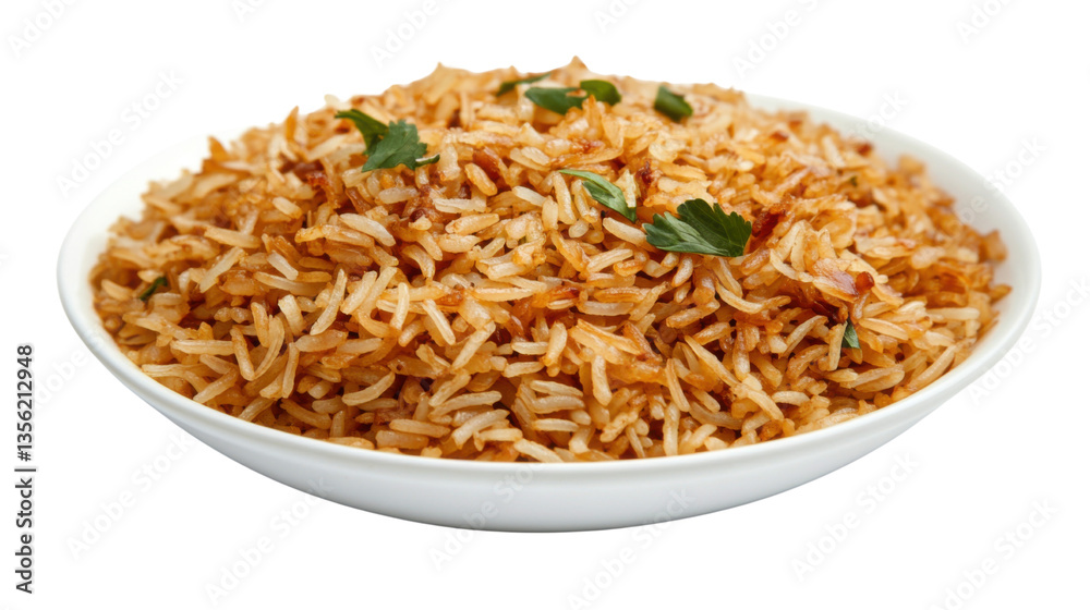 Nutritious Brown Rice Served on a White Plate, Isolated on White Background Nutritious Brown Rice Served on a White Plate, Isolated on White Background