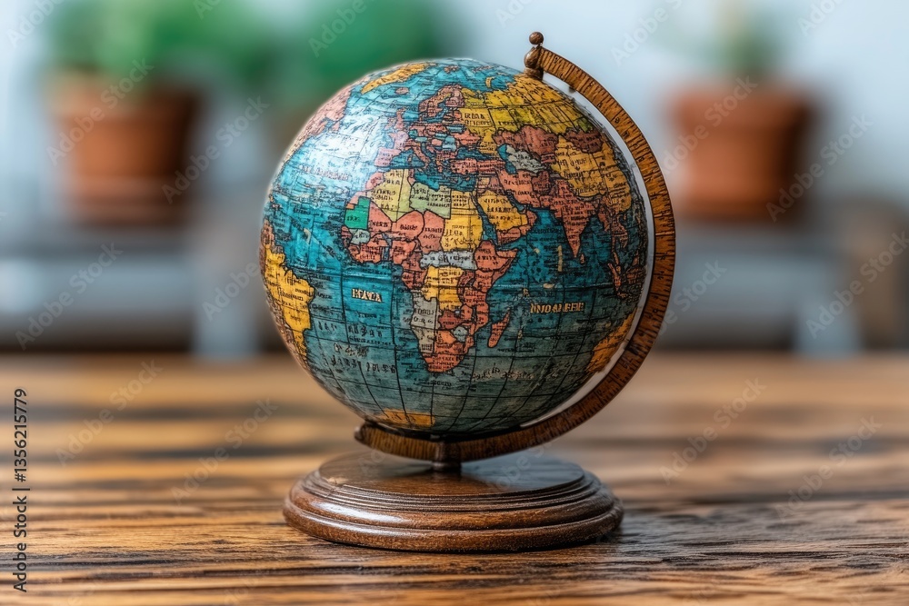 A colorful and detailed globe resting on a wooden surface A colorful and detailed globe resting on a wooden surface