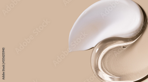 creamy texture of cosmetic samples on a pastel beige background