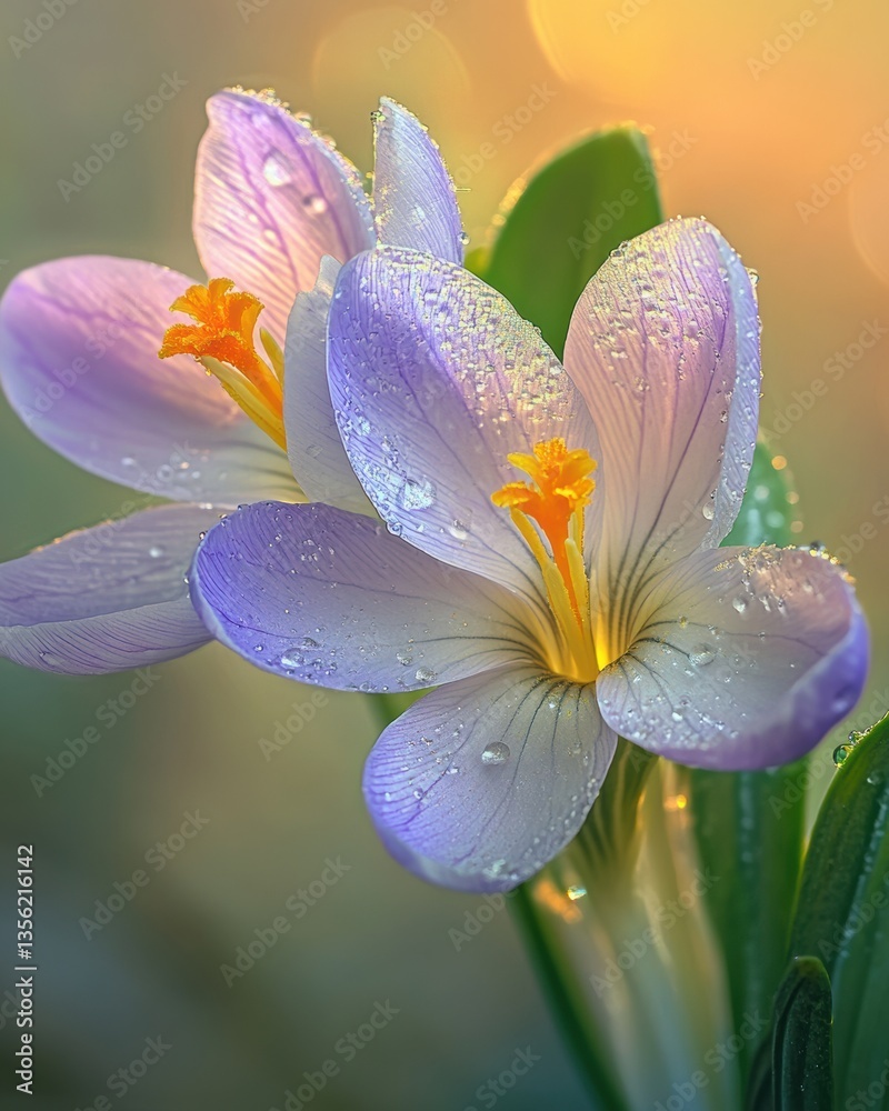 Beautiful crocus flowers with dew in a serene natural setting during early morning light highlighting their delicate petals and vibrant colors Beautiful crocus flowers with dew in a serene natural setting during early morning light highlighting their delicate petals and vibrant colors