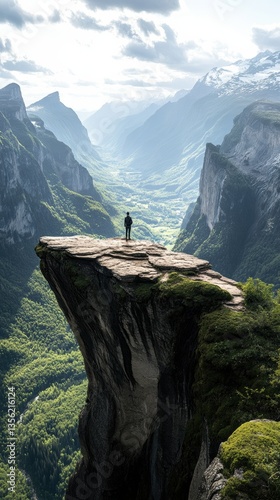 Person standing on a cliff edge overlooking a breathtaking valley filled with greenery and mountains during daylight hours in a remote location