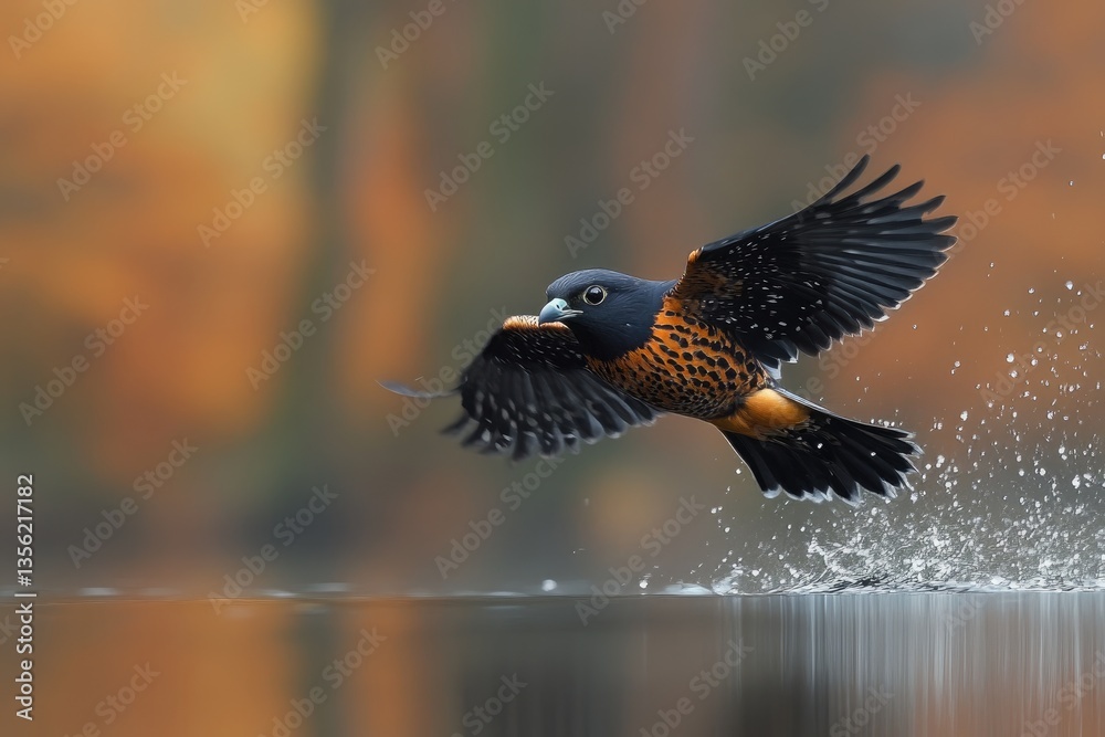 Fototapeta premium A colorful bird in mid flight over reflective water surface