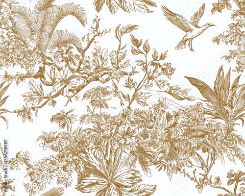 Elegant Gold Tropical Floral Bird Seamless Pattern Design Botanical Illustration Nature Print