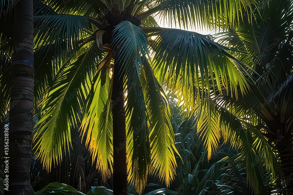 Fototapeta premium Lush Tropical Coconut Palm Tree in Misty Morning Light – Exotic Jungle Paradise