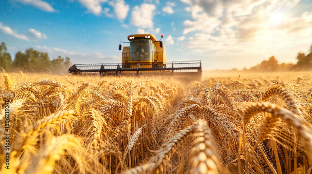 Fototapeta premium Bringing in the golden harvest under a stunning summer sky with a combine harvester at work in a wheat field