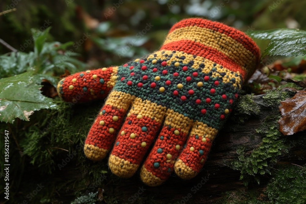 A colorful knitted glove rests on a moss covered log