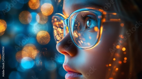 Wallpaper Mural Young girl with glasses gazes thoughtfully at colorful lights during evening celebration in a festive atmosphere Torontodigital.ca