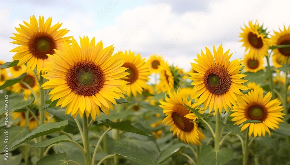 Fototapeta premium A radiant field of sunflowers basking in the summer sun, their golden petals glowing under a bright, slightly cloudy sky.