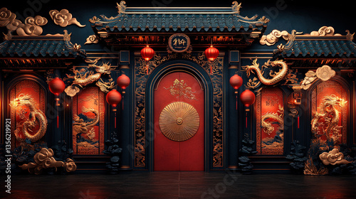 Traditional Chinese temple entrance decorated with red lanterns, golden dragons, and ornate carvings, evoking celebration, culture, and heritage.
