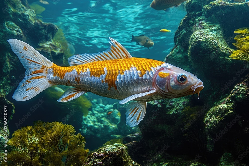 Naklejka premium A colorful patterned koi swims gracefully through clear blue water