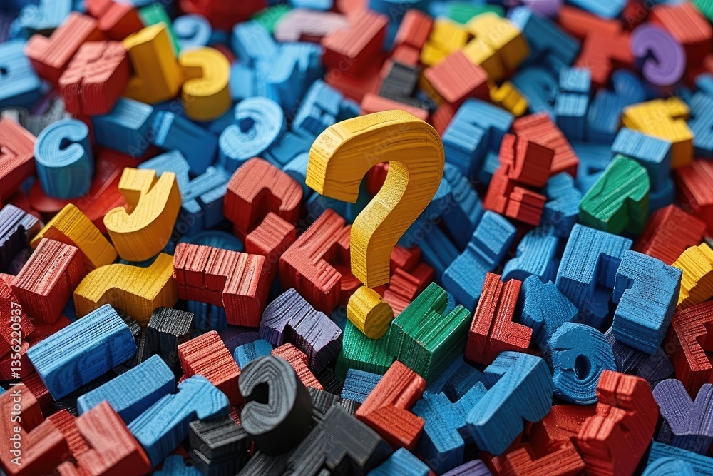 A colorful pile of wooden letters with a yellow question mark A colorful pile of wooden letters with a yellow question mark