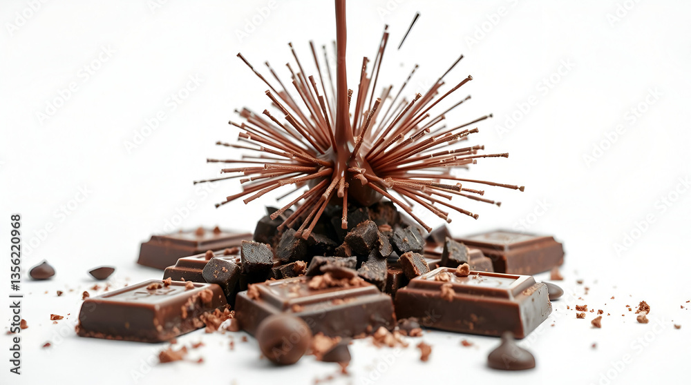 Fototapeta premium World Chocolate Day, Chocolate Falling From Above, Chocolate Pieces, Chocolate Sprinkles, Chocolate Bar, Chocolate Crumbs, Generative Ai