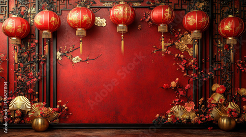 Elegant red background with traditional Chinese lanterns, gold accents, and floral decorations, perfect for celebrating Lunar New Year or cultural events.
