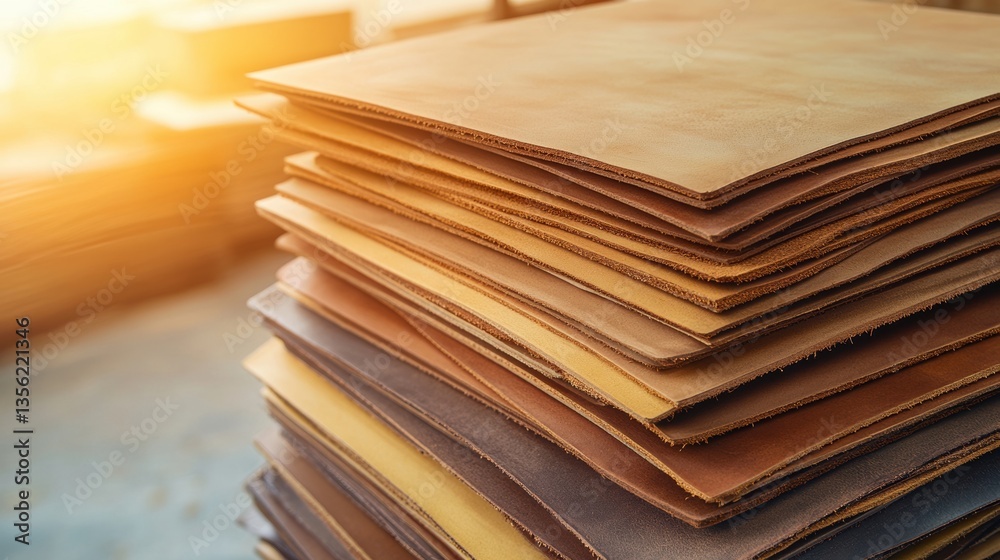 Stacks of leather sheets in workshop during golden hour, showcasing various shades and textures, ready for crafting and production in local artisan shop Stacks of leather sheets in workshop during golden hour, showcasing various shades and textures, ready for crafting and production in local artisan shop