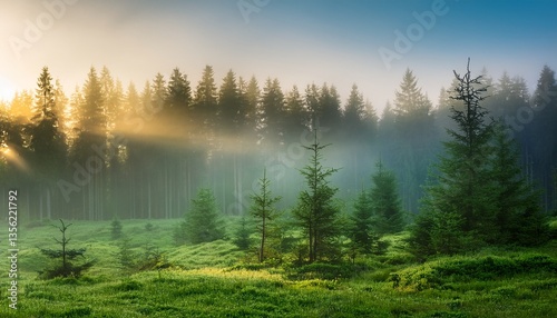 misty morning in the green forest