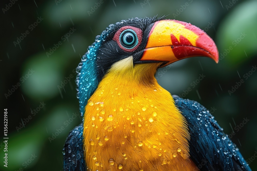 Fototapeta premium A Colorful Tropical Bird Covered With Raindrops Is Pictured