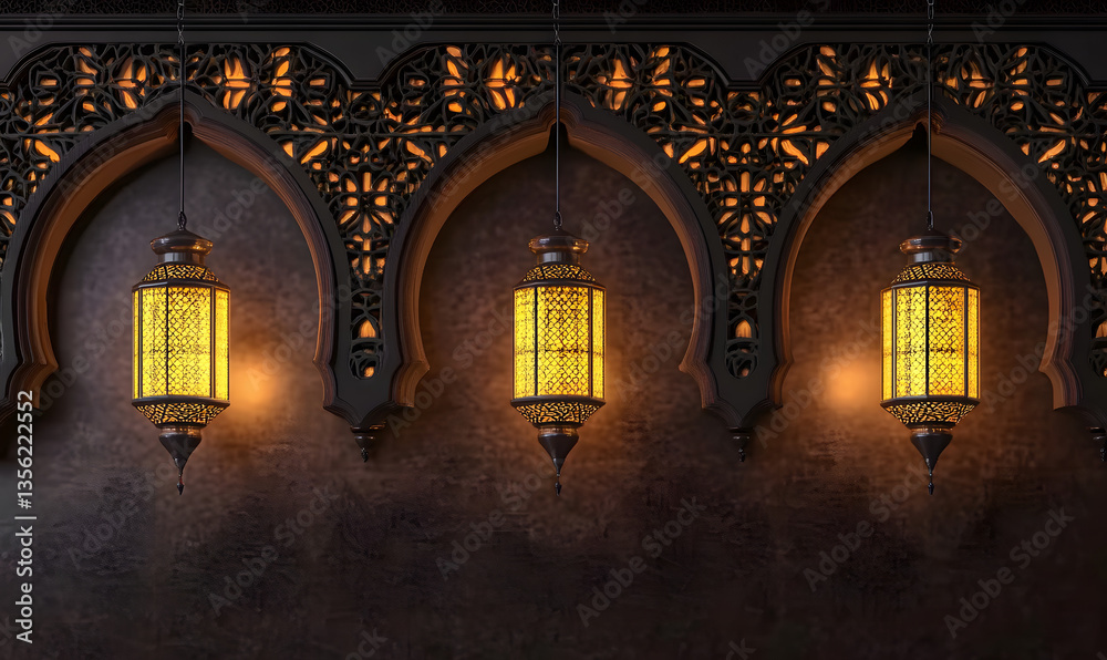 Fototapeta premium Futuristic 3D Illustration: Islamic Patterned Wallpaper Design with Lanterns on Dark Background